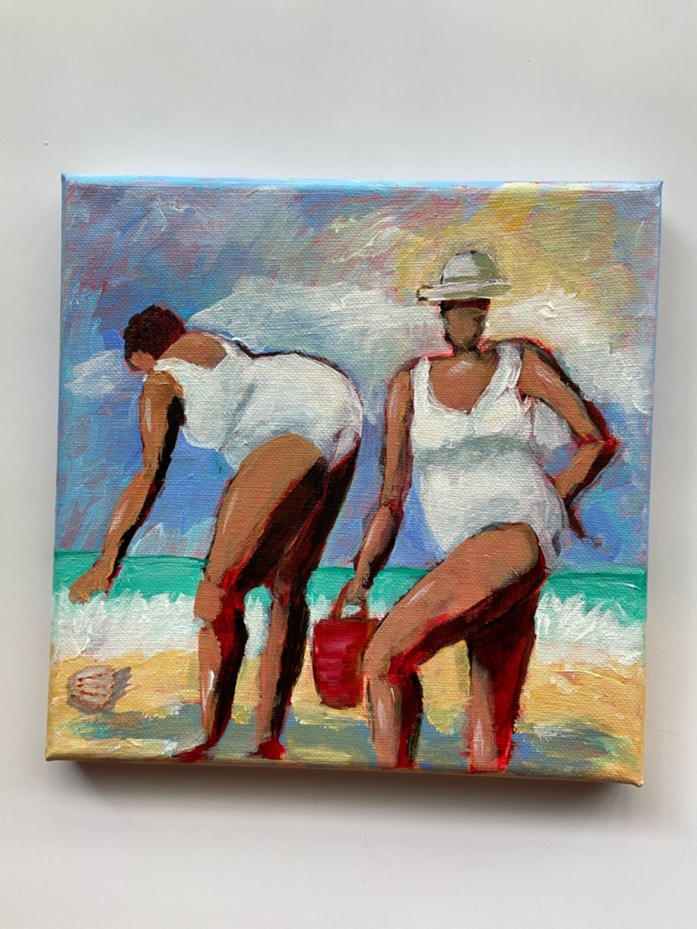 Beach Stroll Acrylic Painting  Two Women in White Swimsuits Seaside Sisters